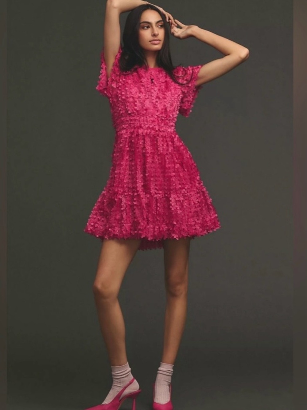 Anthropologie Fuchsia Textured Floral Short-Sleeve Dress